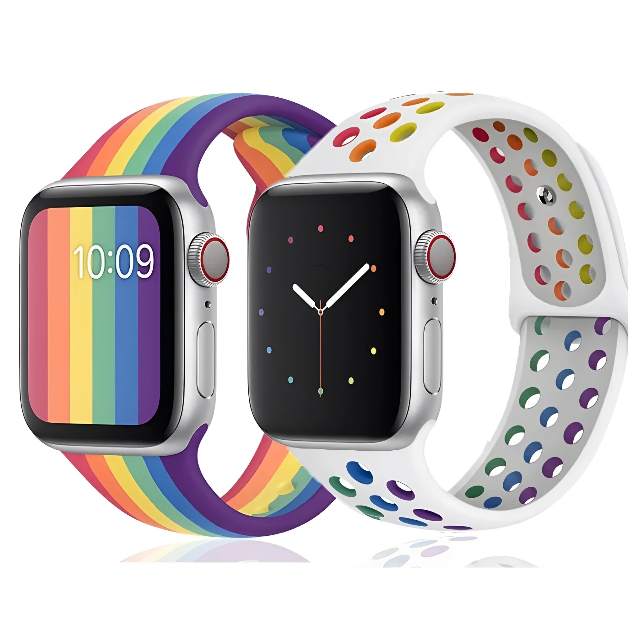 Silicone sports wristband with single buckle in black, rainbow, or white colours showing two size options