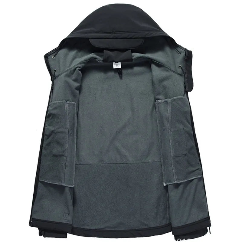 Men's windproof hooded soft shell jacket in polyester fibre, available in black, green, grey, and khaki sizes S to 4XL
