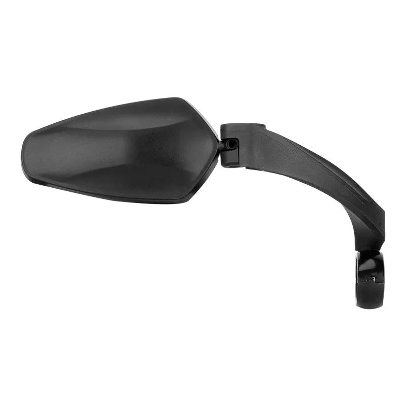 Black rotatable bicycle rearview mirror for handlebars, showing acrylic lens and mounting clamp.