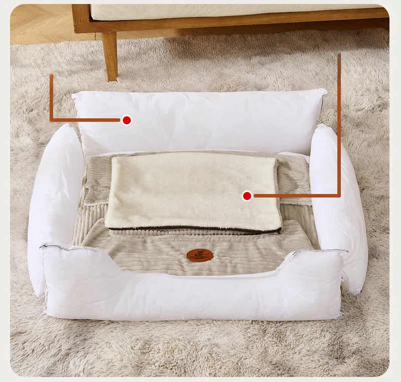 Removable cover pet bed in sofa style for small and medium dogs, shown in coffee colour
