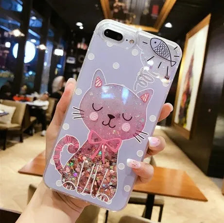 Glittery cat design phone case for iPhone models 6, 7, 8, and X.
