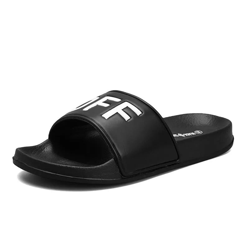 Men's black and white open toe personalised slippers with a rubber sole, shown in a large size.