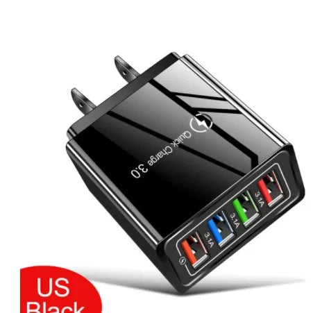 4-port USB mobile phone charger with illuminated indicators in multiple colour options