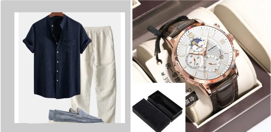 Men's slim-fit short-sleeved shirt with stand collar and digital print, shown with matching pants, shoes, and watch.