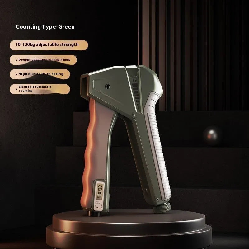 Adjustable hand gripper fitness equipment with a mechanical counter and dial on a coloured PP plastic frame.