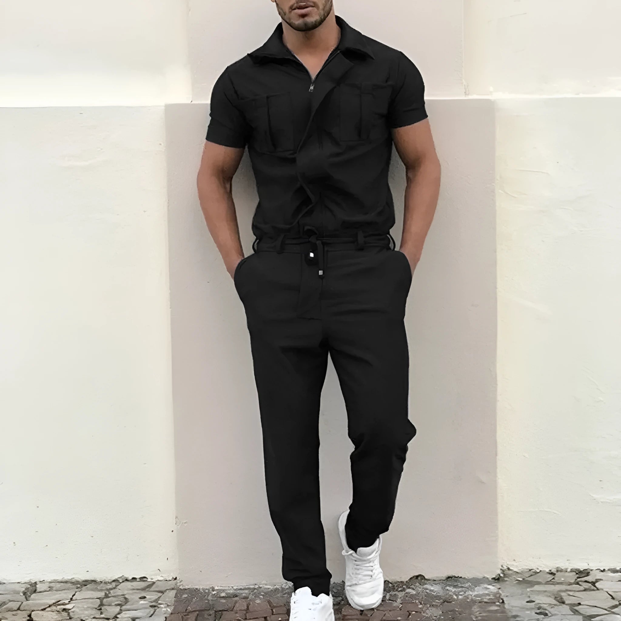 Men's cotton loose one-piece suit in black with top and shorts, front view, for performing arts