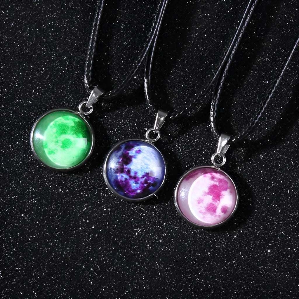 Moon night sky constellation glass pendant on a luminous alloy necklace chain with extension.