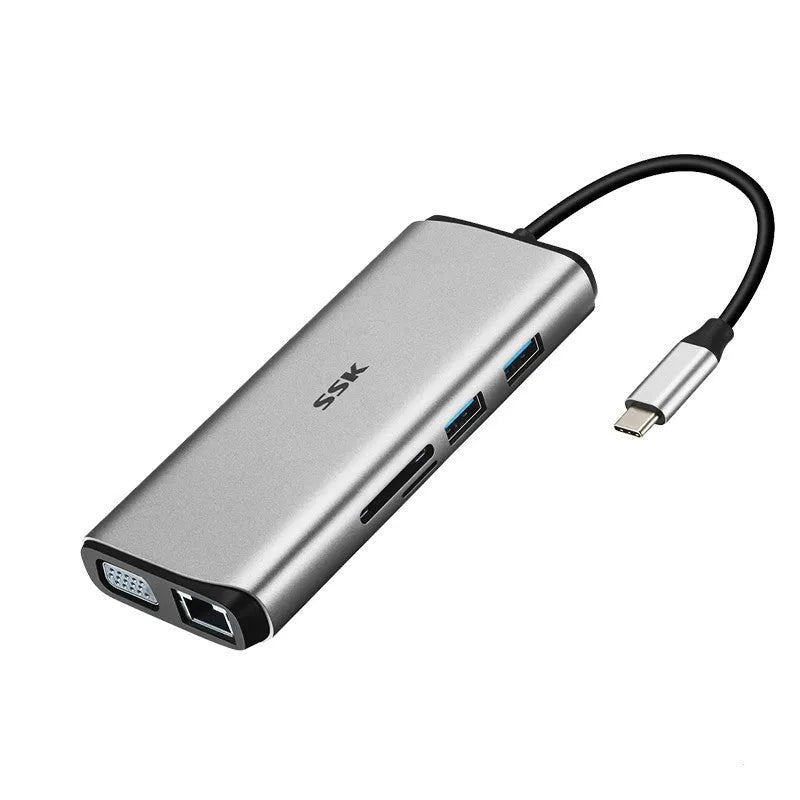 11-in-1 grey metal USB C hub adapter with HDMI VGA USB 3.0 network port PD 3.0 and SD card reader on 0.15m cable