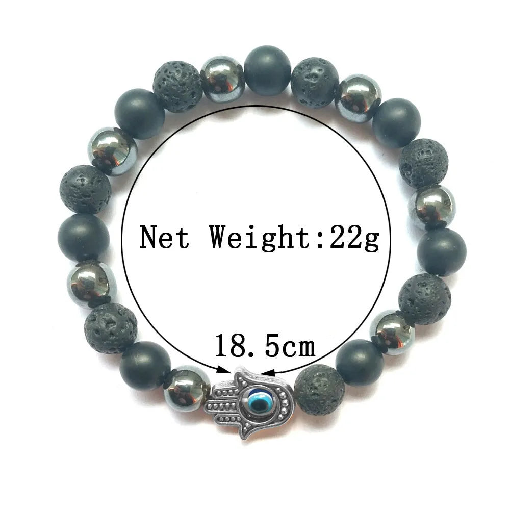 Handmade beaded bracelet with 8mm stone and alloy beads in silver finish, electroplated, 18cm circumference