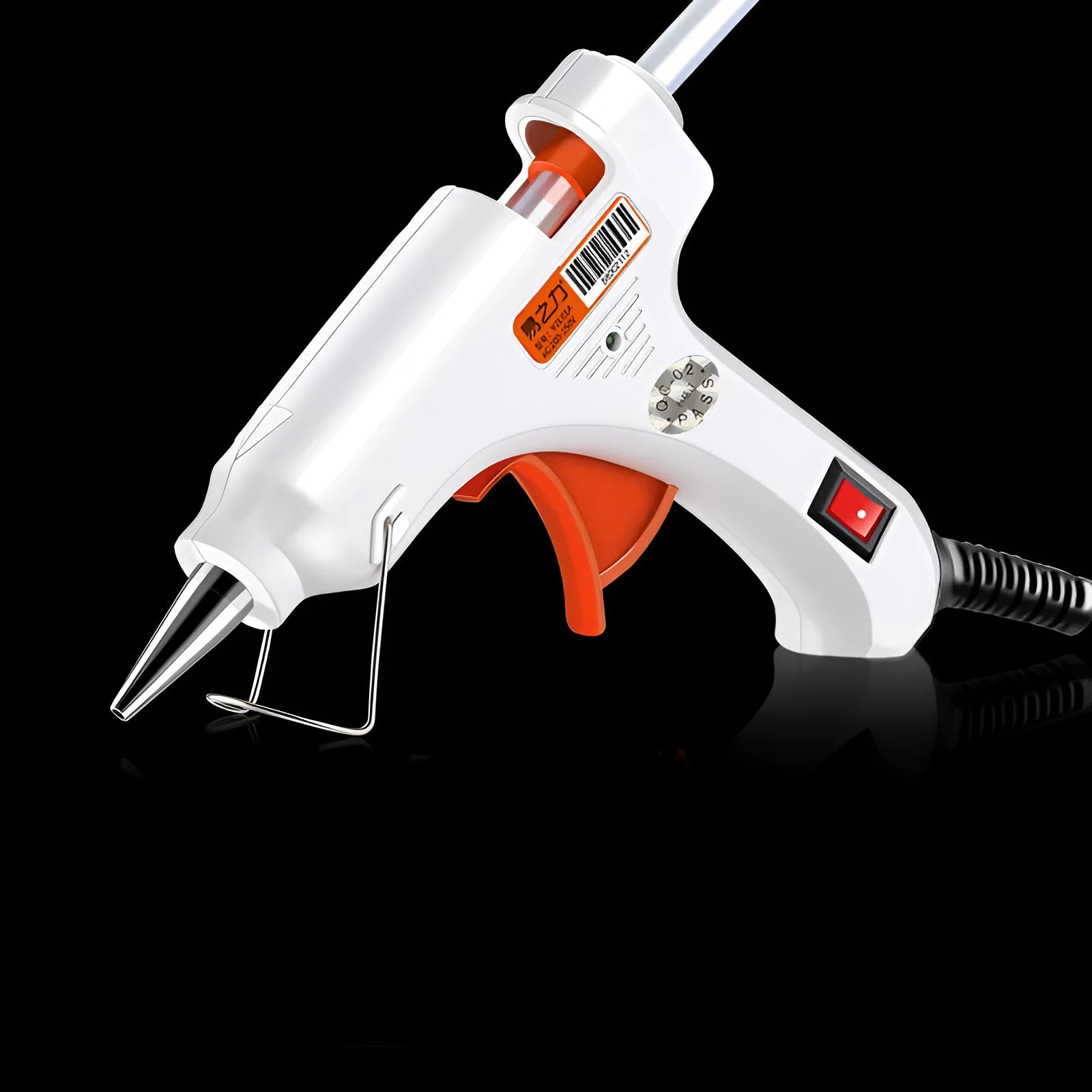 White electric hot melt glue gun with safety switch LED, anti-heat blanket, and metal stand.