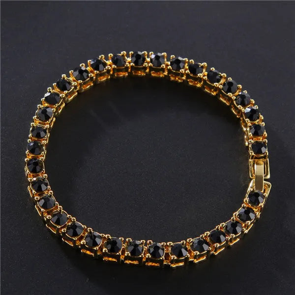 Men's silver hip hop bracelet with single row of rhinestones and geometric chain design