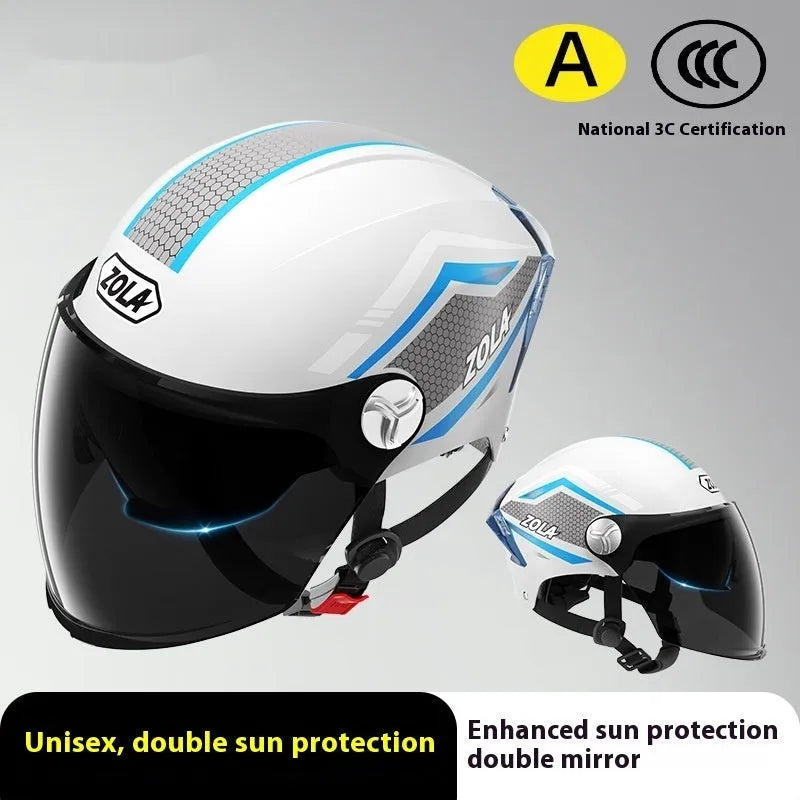 Children's 3C motorcycle half-helmet with a double visor shown in light brown colour.