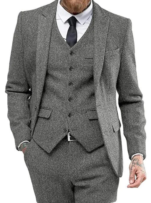 Men's three-piece viscose blend suit set with flat collar, two-button closure, black colour, front view