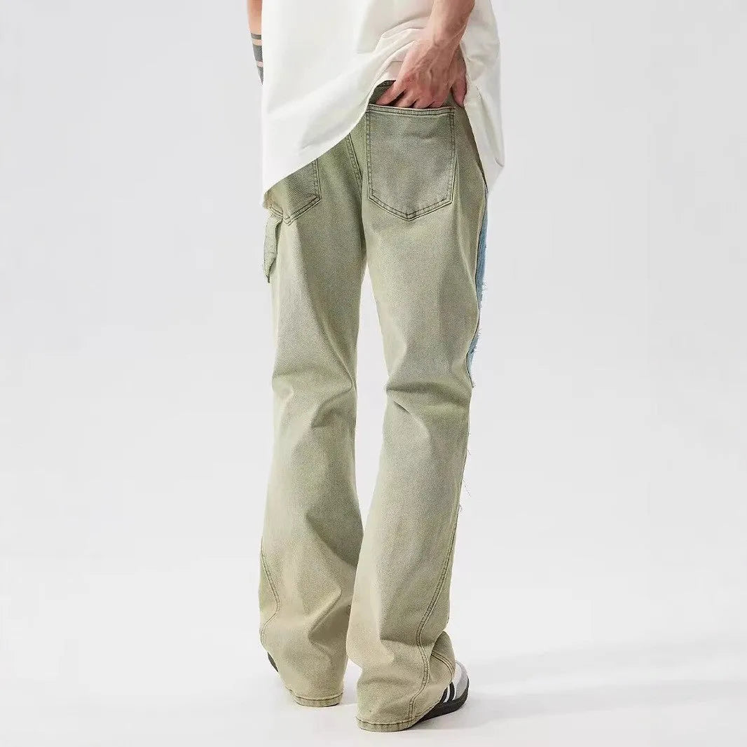 Retro dual-colour patchwork jeans with splash ink damaged design on denim trousers
