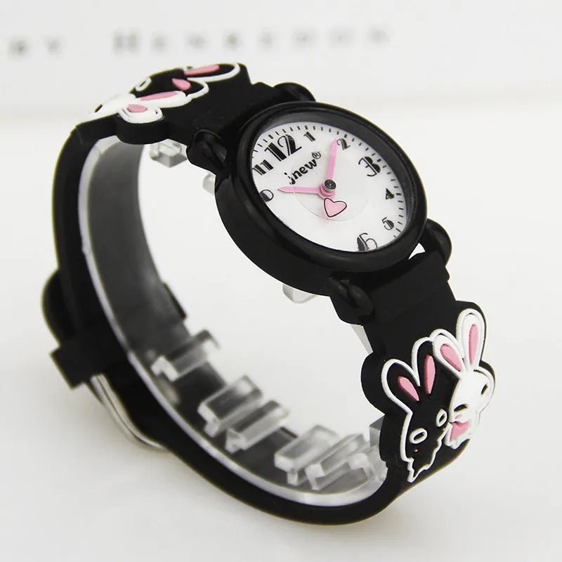 Rabbit quartz watch for kids with black PC case and plastic strap, 27x9mm case size