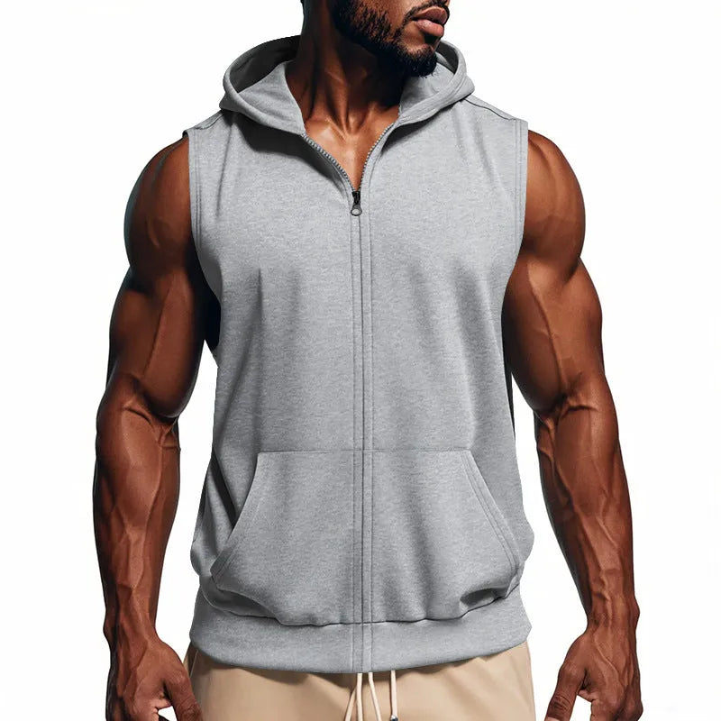 Men's sports fitness training zip-up sleeveless vest hooded summer top solid colour twill fabric