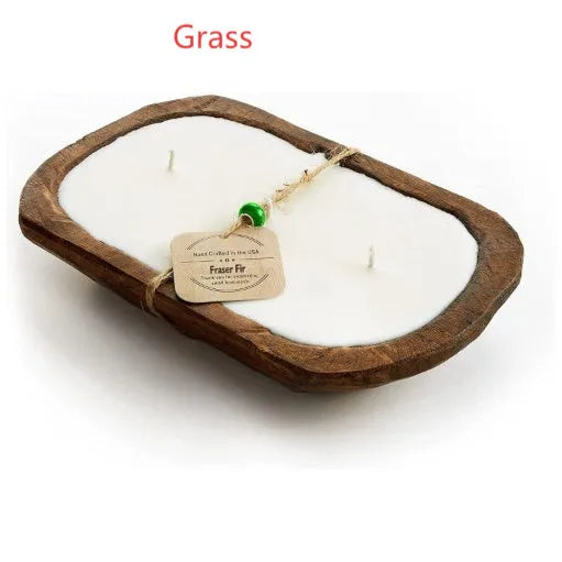 Retro wooden basin containing a soy wax aromatherapy candle with three wicks.