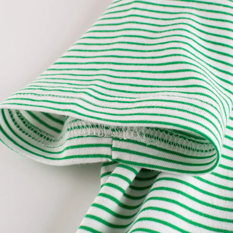 Cotton striped short sleeve baby bottoming shirt for boys in fruit green white, 90-140cm