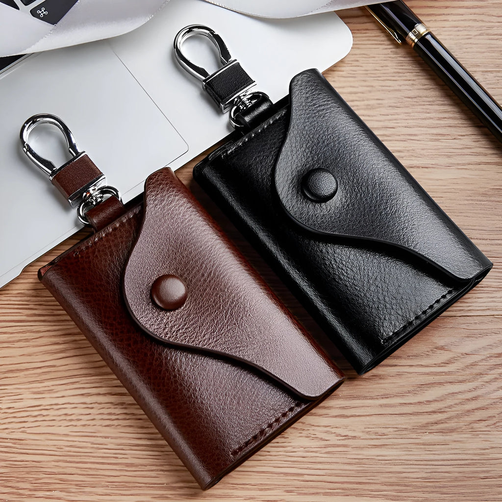 Genuine leather keychain card holder in a square vertical shape, shown in black with sequin details.