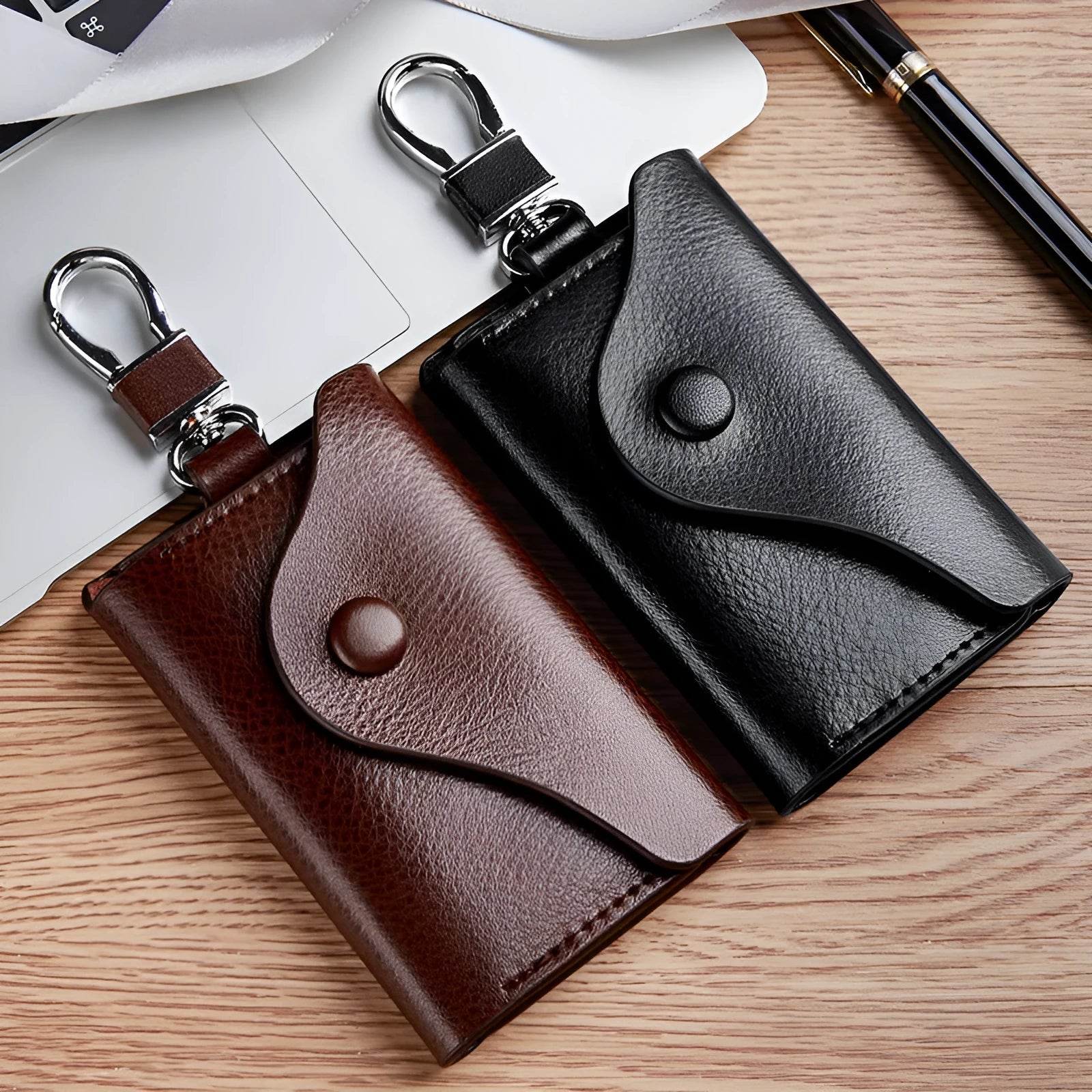 Genuine leather keychain card holder in a square vertical shape, shown in black with sequin details.