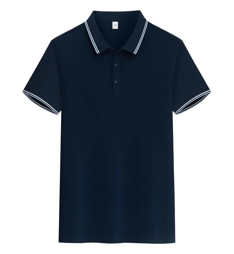 A pure cotton polo shirt with a lapel collar and short sleeves, shown in a light blue colour.