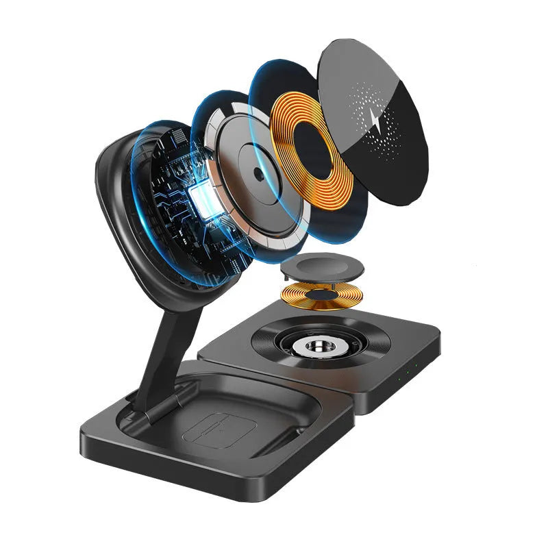 Three in one folding magnetic wireless charger for iPhone AirPods and Apple Watch in black