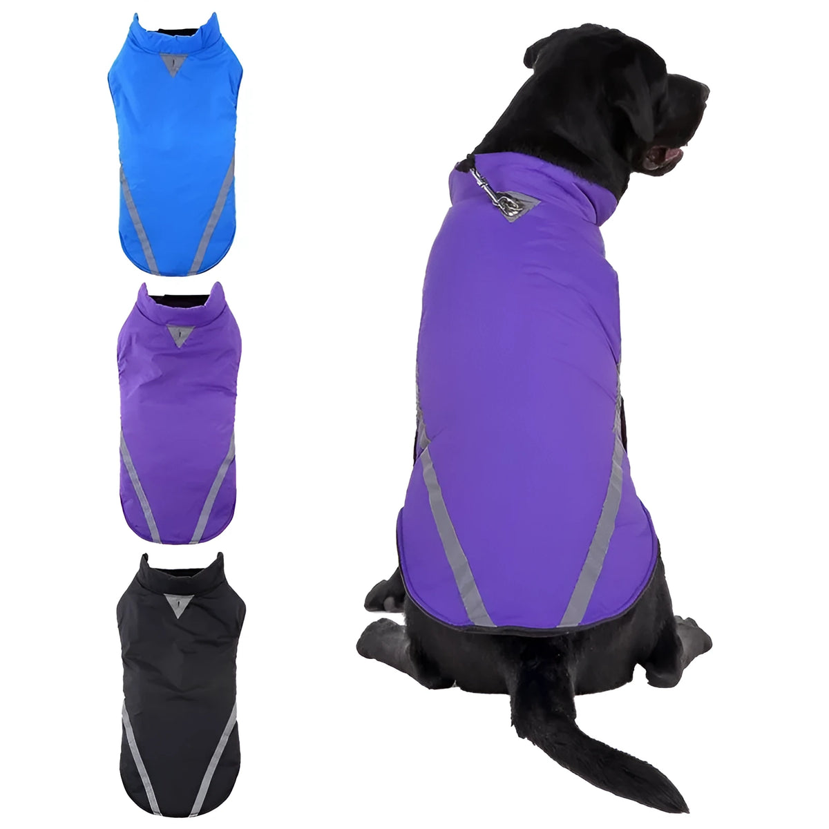 Cotton dog jacket for large dogs, two-legged design, shown in black with size chart