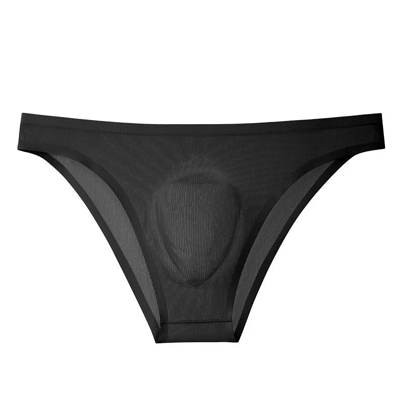 Men's seamless ice silk underwear briefs in a grey and blue stripe pattern, showing low-waist fit.