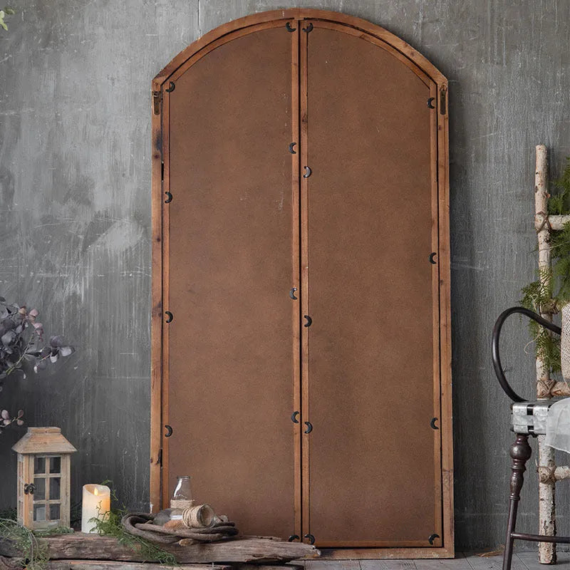 Terrace Distressed fake window wall mirror in log colour with wooden frame