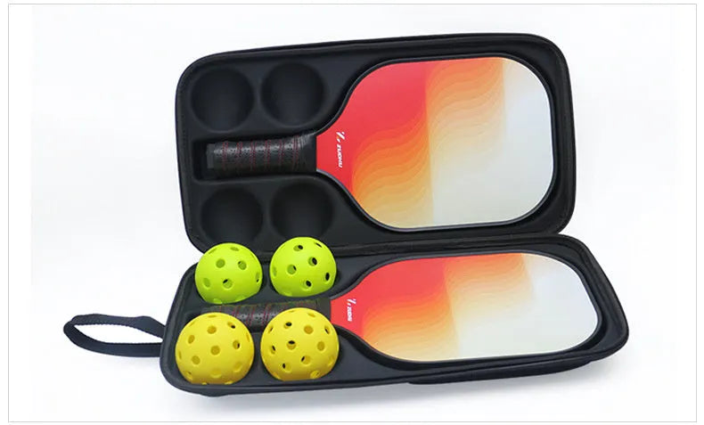 Black EVA pickleball storage bag with shoulder straps, shown holding a paddle and balls.