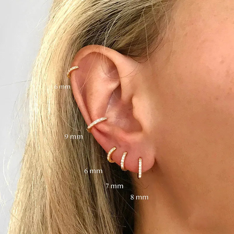 Circle geometric zircon stud earrings in gold, rose gold, and silver colours showing 5mm to 12mm size range
