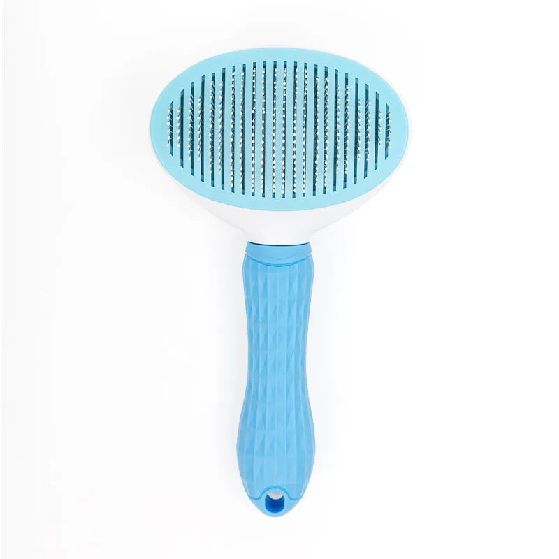 Blue self-cleaning pet comb with fine stainless steel teeth and rubber body on white background