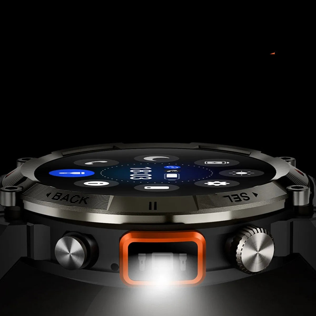 Outdoor smartwatch with round TFT screen, zinc alloy case, and classic buckle strap on a wrist