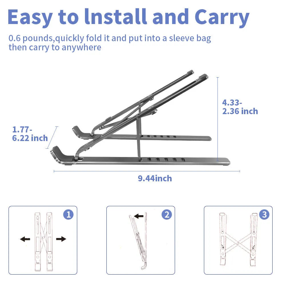 Silver aluminium alloy laptop stand in folded position showing adjustment gears