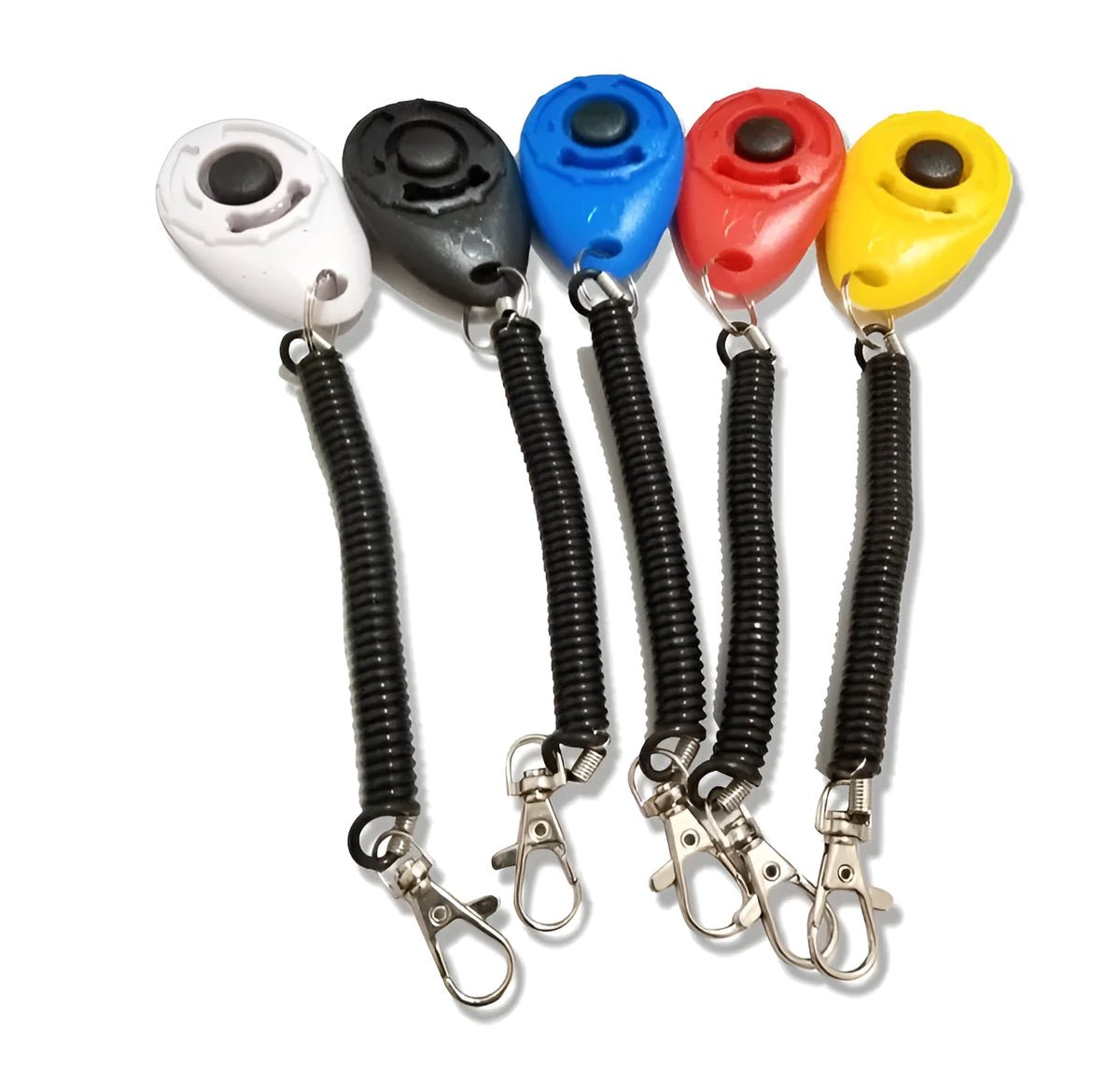 Plastic dog training clicker in black with wrist strap on white background