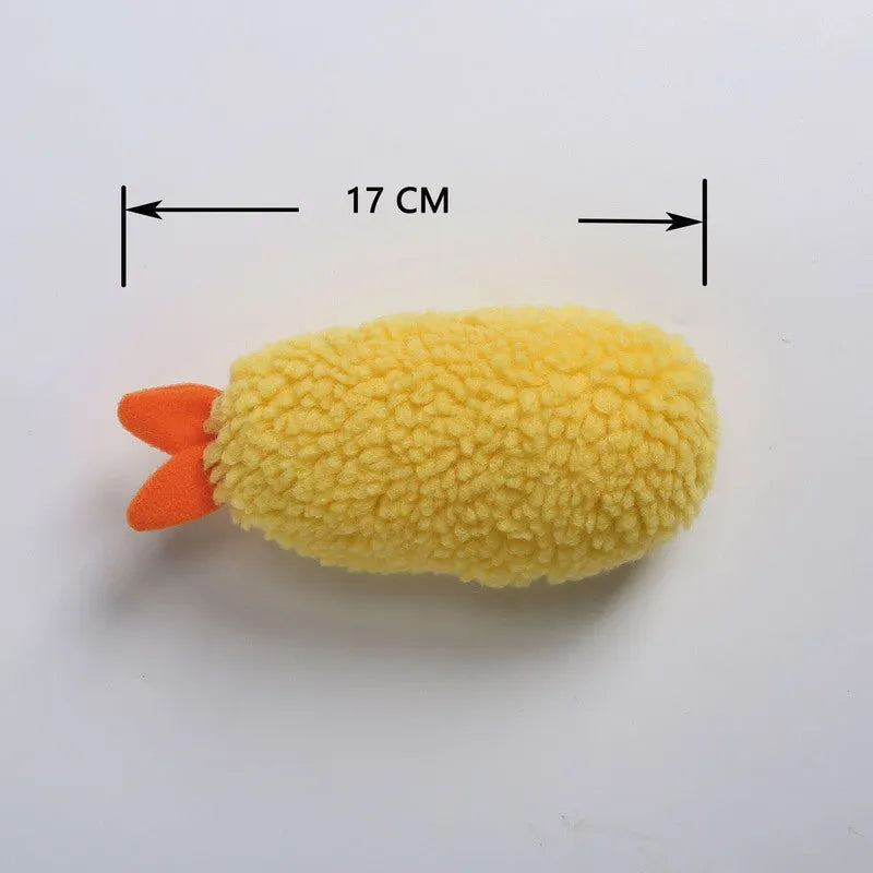Yellow plush fried shrimp tempura squeaky dog toy with built-in squeaker