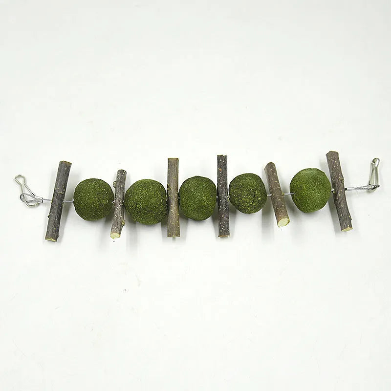 Hanging pet molar string toy with 5 natural grass balls and 6 apple branches for small animals