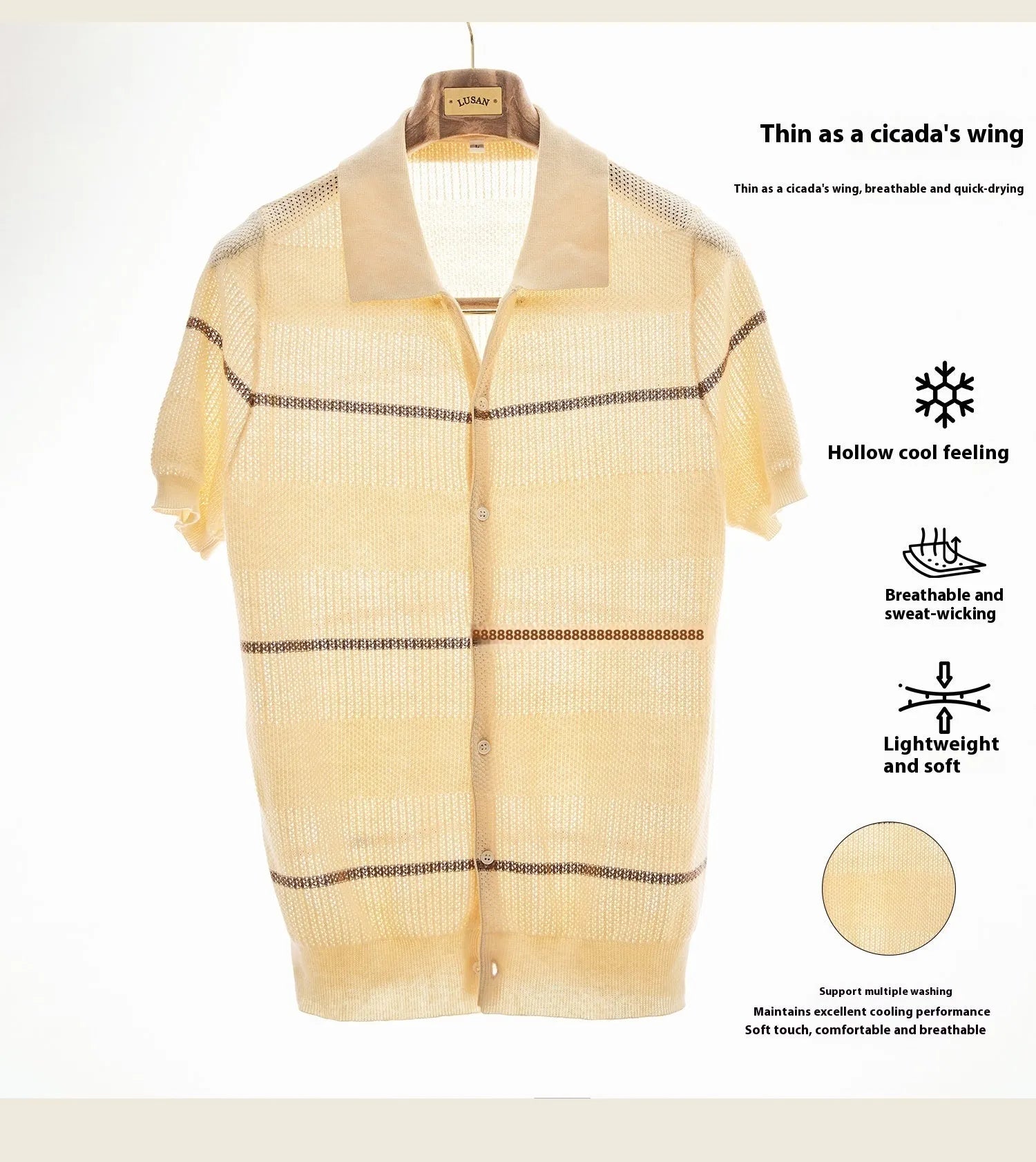 Camel coloured lapel cardigan with short sleeves and knitted cotton linen fabric