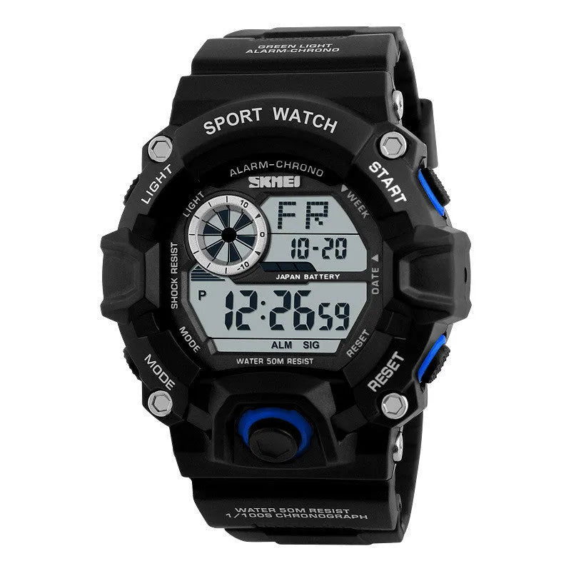 Multifunctional men's waterproof electronic sports watch with round dial on plastic strap.