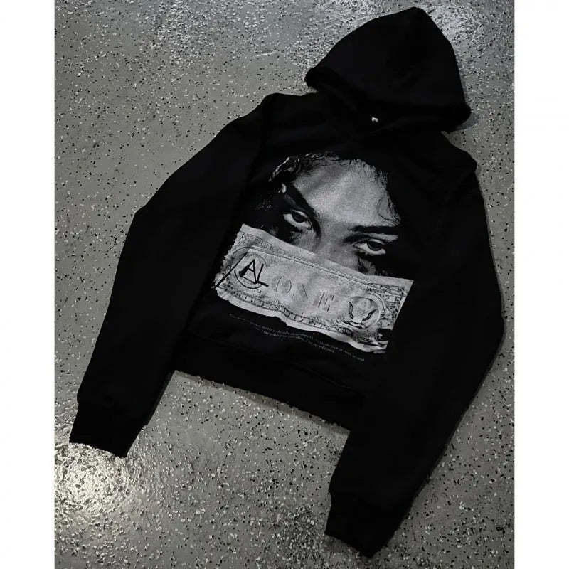 Black women's hoodie with cartoon pattern print, loose fit design