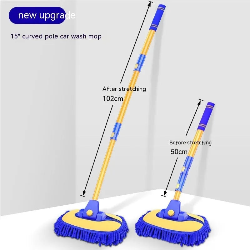 Telescopic curved car cleaning brush with aluminium chenille head in blue and yellow colour options