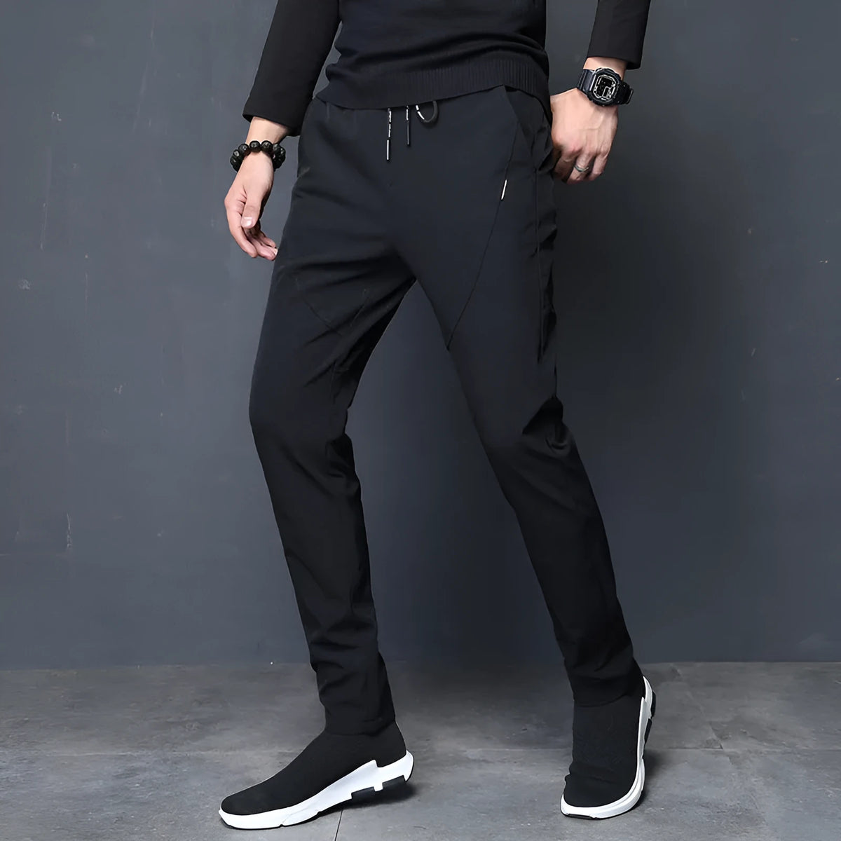 Men's plain polyester sports trousers with velvet lining, black, loose fit, small trouser mouth, non-iron