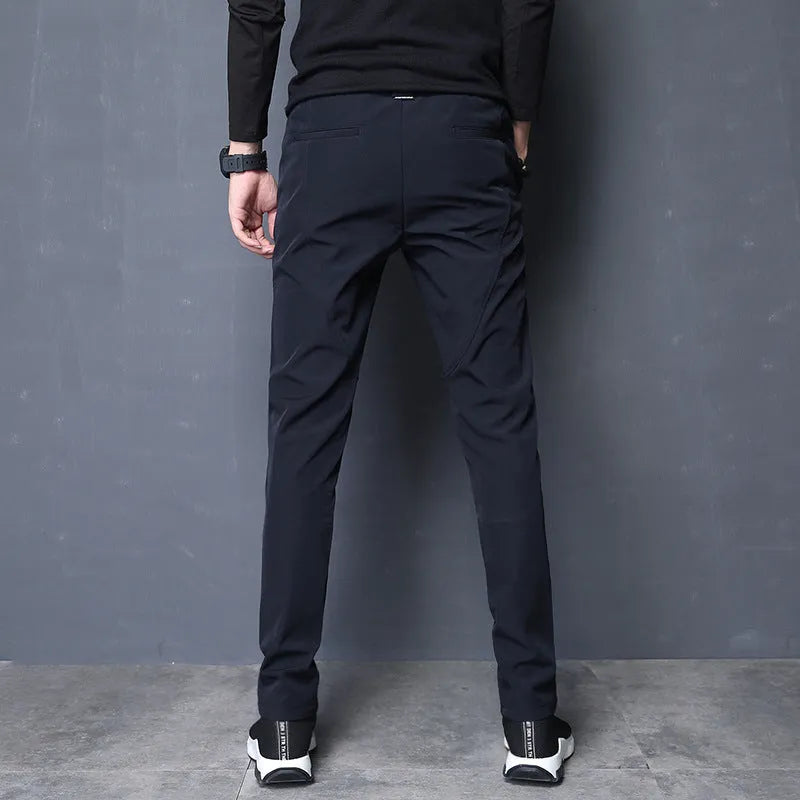 Men's plain polyester sports trousers with velvet lining, black, loose fit, small trouser mouth, non-iron