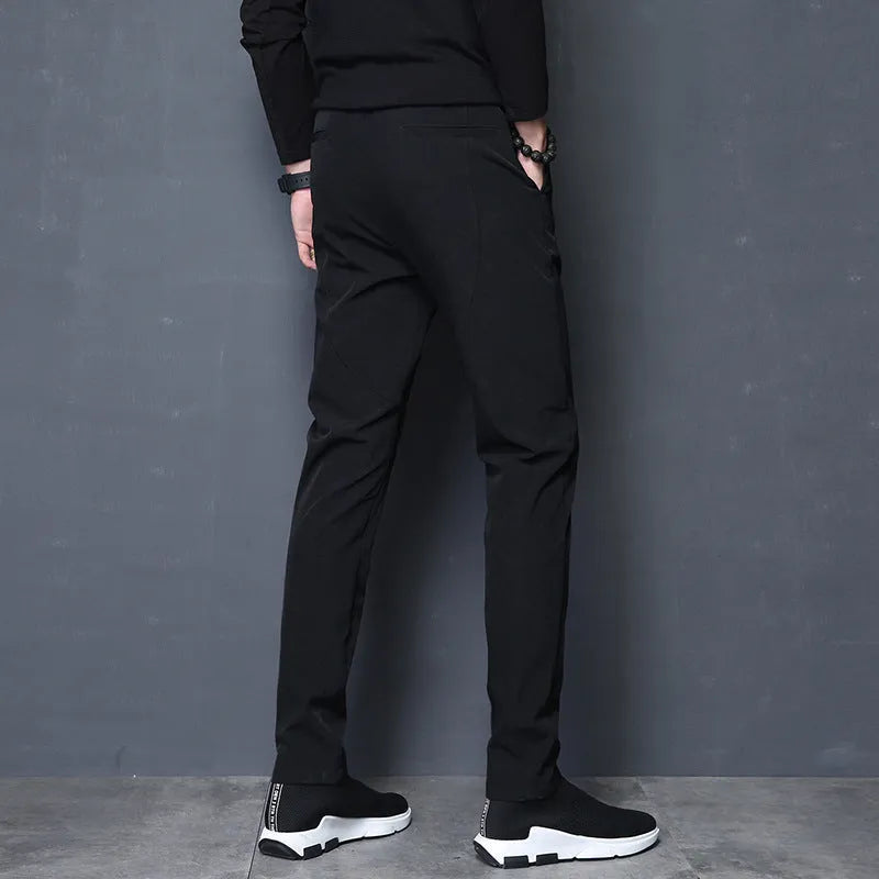 Men's plain polyester sports trousers with velvet lining, black, loose fit, small trouser mouth, non-iron