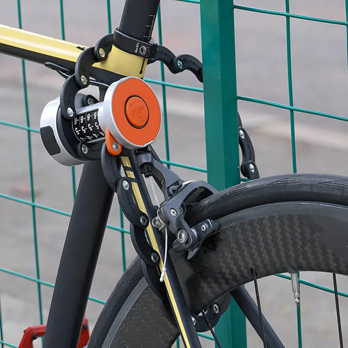 Black bicycle folding lock with password dial mounted on water bottle cage