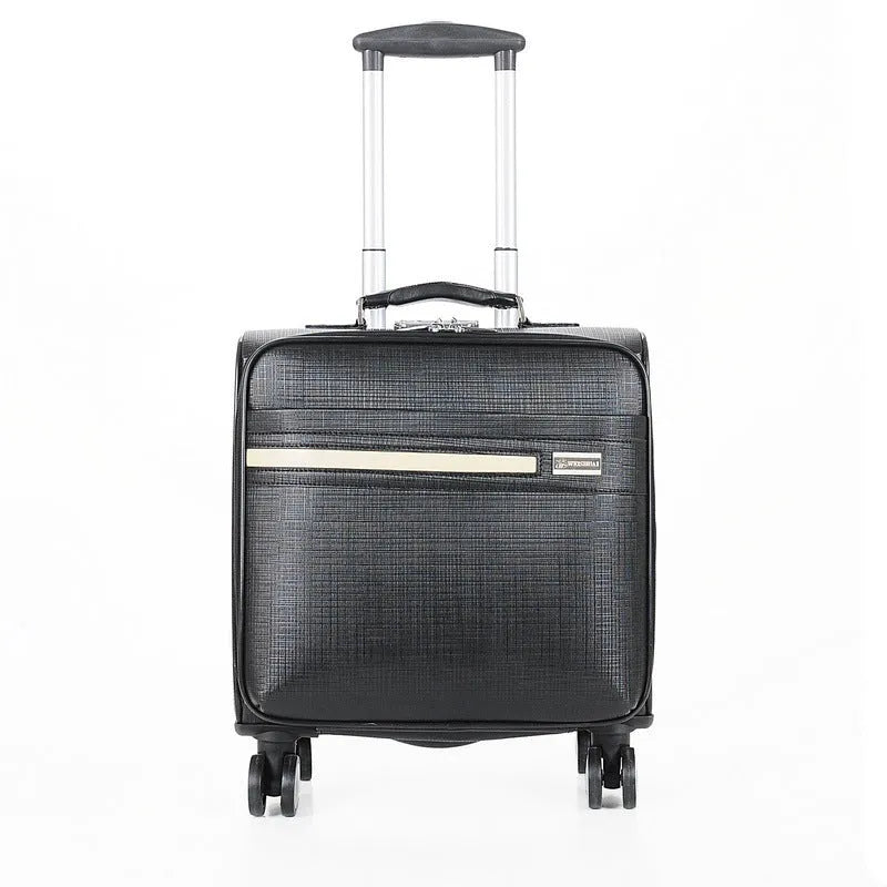 PU leather business case in black with airplane wheels and lockable zip, 18 inch size for laptop and document storage