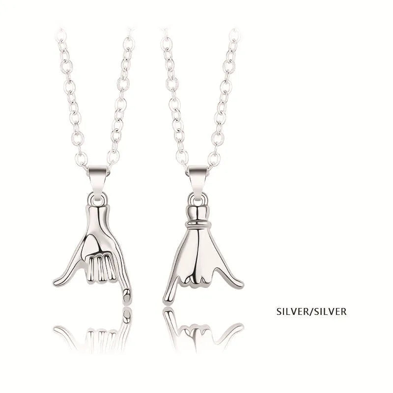 Palm couple magnet necklace with handshake clavicle chain in Korean style alloy geometric pendant white gold platinum black silver matt black