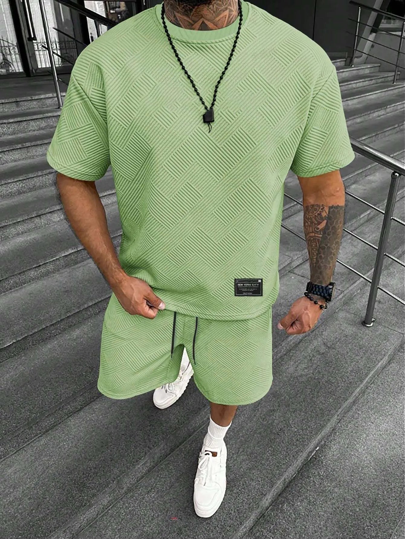 Men's two-piece shorts set with 3D printed design in chemical blend fabric