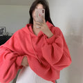 Women's loose mulberry silk hooded sweater in solid watermelon red, sleeveless A-line cut