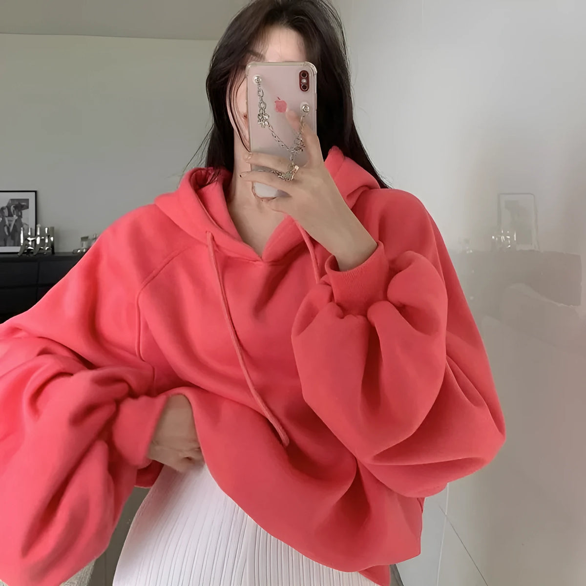 Women's loose mulberry silk hooded sweater in solid watermelon red, sleeveless A-line cut